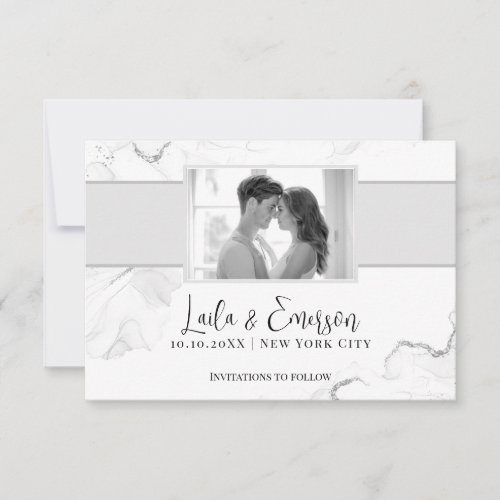 Elegant Gray Marble Watercolor Photo with Gray Bar Save The Date