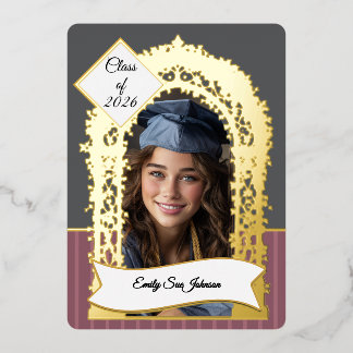 Elegant Gray & Mauve Gold Foil Graduation Photo Invitation