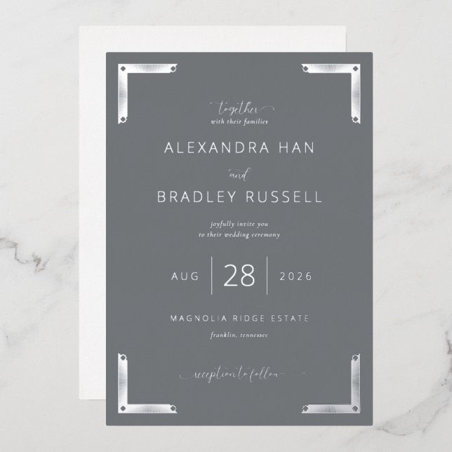 Elegant Gray Metallic Borders Foil Invitation (Front/Back)