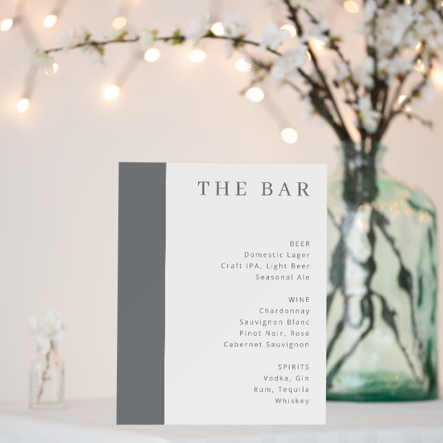 Elegant Gray Minimalist Bar Menu Foam Board (In Situ (Wedding))