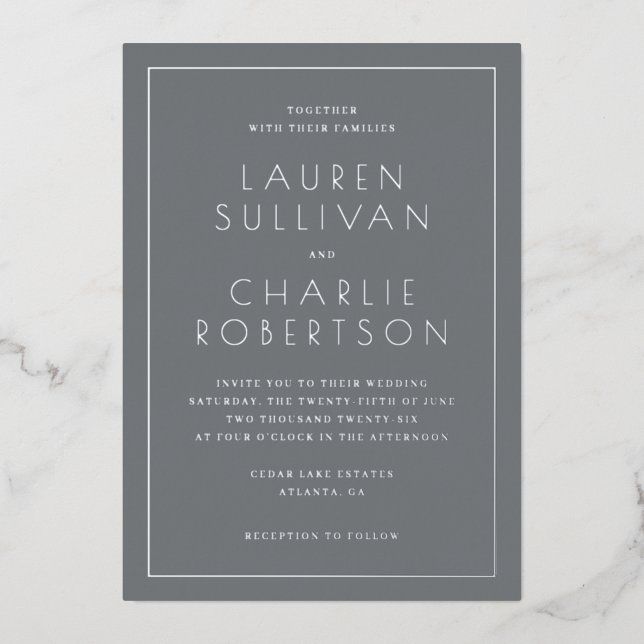 Elegant Gray Minimalist Wedding Invitation Foil Invitation (Front)