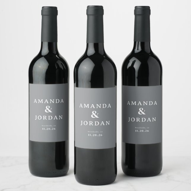 Elegant Gray Minimalist Wedding Wine Label (Bottles)