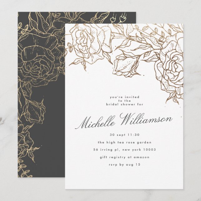 Elegant Gray Modern Gold Pampas Bridal Shower Invitation (Front/Back)