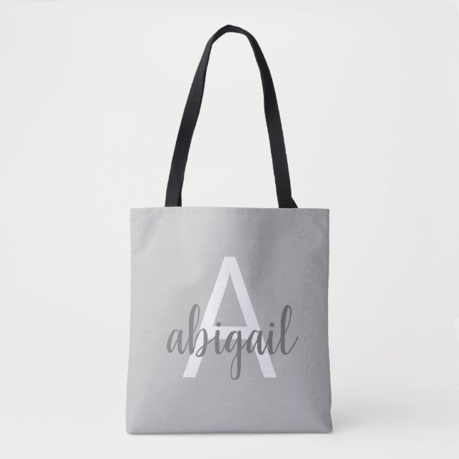 Elegant Gray Modern Monogram Name Tote Bag (Front)