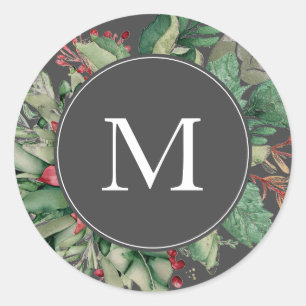 Elegant Gray Monogram Christmas Floral Greenery Classic Round Sticker