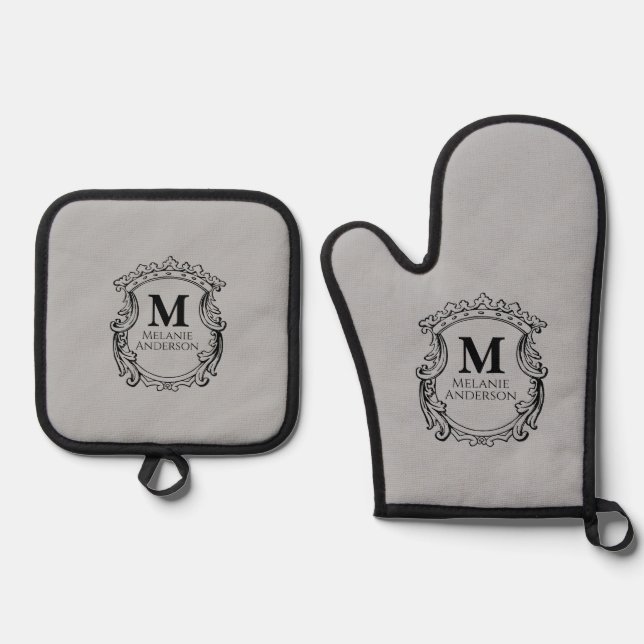 Elegant Gray Monogram Crest  Oven Mitt & Pot Holder Set (Front)