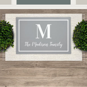 Elegant Gray Monogram Family Name Doormat