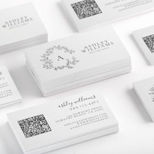 Elegant Gray Monogram Floral Crest QR Code Business Card