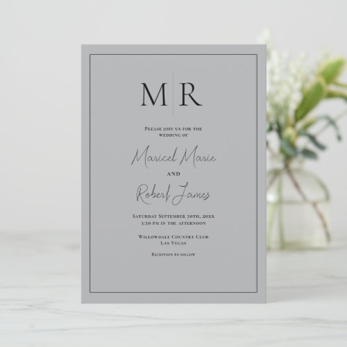 Elegant Gray Monogram Modern Wedding Invitation