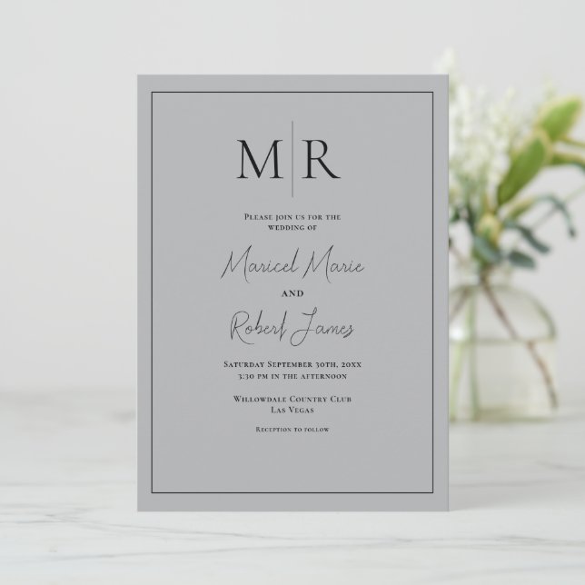 Elegant Gray Monogram Modern Wedding Invitation (Standing Front)