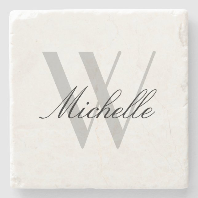 Elegant Gray Monogram Stylish Script Name Stone Coaster (Front)