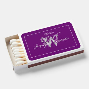 Elegant Gray Monogram White Names Purple Wedding Matchboxes