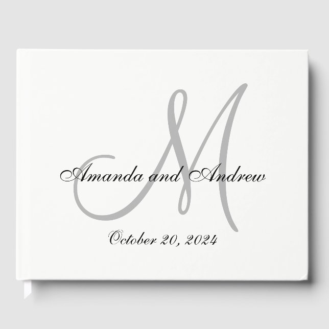 Elegant Gray Monogram with Photo Wedding Guest Book (Front)