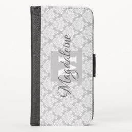 Elegant Gray Monogrammed Lacy Floral Chic Damask iPhone X Wallet Case