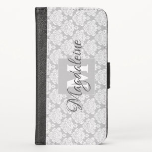 Elegant Gray Monogrammed Lacy Floral Chic Damask iPhone X Wallet Case