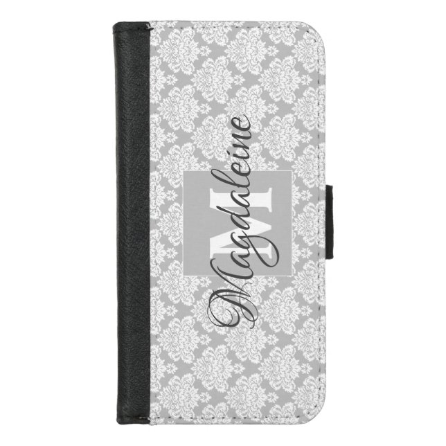 Elegant Gray Monogrammed Lacy Floral Chic Damask iPhone Wallet Case (Front)