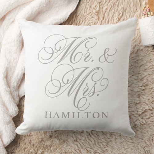 Elegant Gray Mr and Mrs Script Custom Monogram Throw Pillow