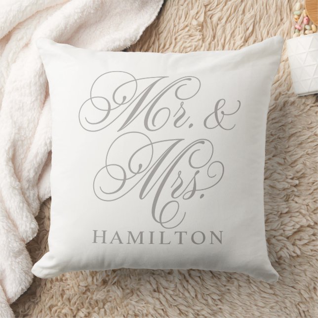 Elegant Gray Mr and Mrs Script Custom Monogram Throw Pillow (Blanket)