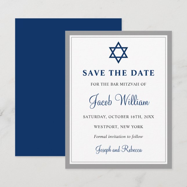 Elegant Gray & Navy Blue Bar Mitzvah 4.25" x 5.5" Save The Date (Front/Back)