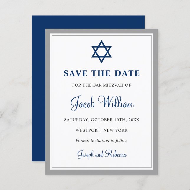 Elegant Gray & Navy Blue Bar Mitzvah 4.25" x 5.5" Save The Date (Front/Back)
