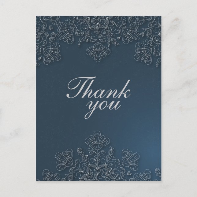 Elegant gray navy floral swirls wedding thank you postcard (Front)