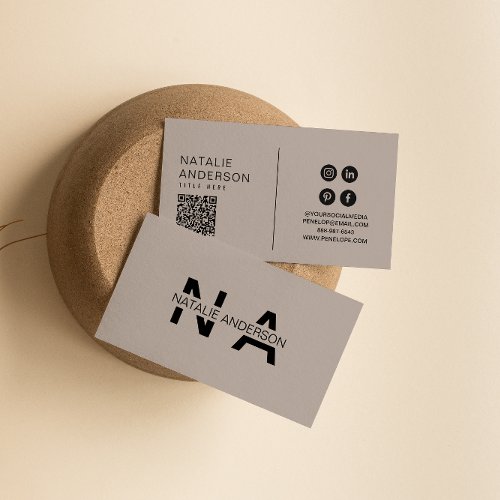 Elegant Gray Neutral QR Code Modern Monogram Logo Business Card