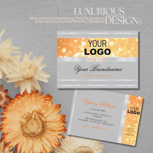 Elegant Gray Orange Glitter Logo Silver Border Business Card
