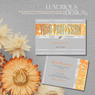 Elegant Gray Orange Glitter Silver Border Diamonds Business Card