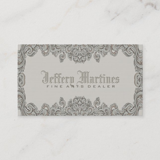 Elegant Gray Ornate Victorian Swirls Frame Business Card (Front)