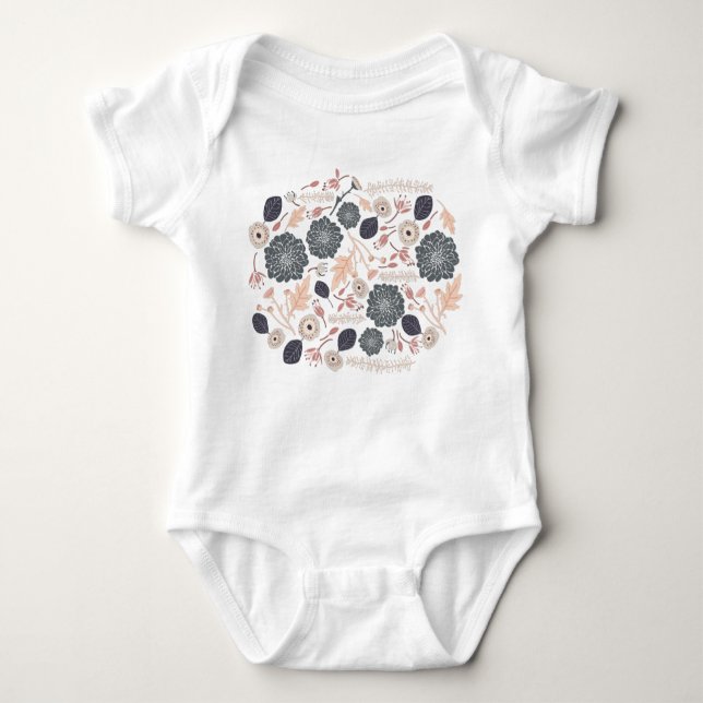 Elegant Gray Peach Floral Design Baby Bodysuit (Front)