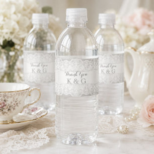 Elegant Gray pearl white lace vintage wedding Water Bottle Label