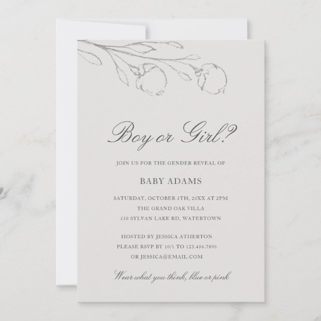 Elegant Gray Pencil Sketch Flowers Gender Reveal Invitation (Front)