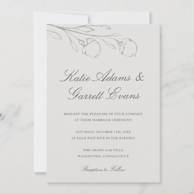 Elegant Gray Pencil Sketch Flowers Wedding Invitation (Front)