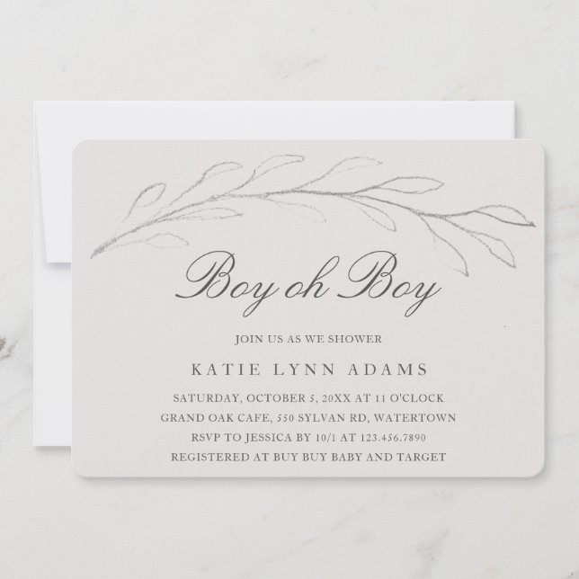 Elegant Gray Pencil Sketch Twig Boy Baby Shower Invitation (Front)
