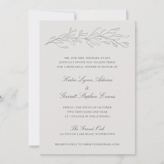 Elegant Gray Pencil Sketch Twig Rehearsal Dinner Invitation (Front)