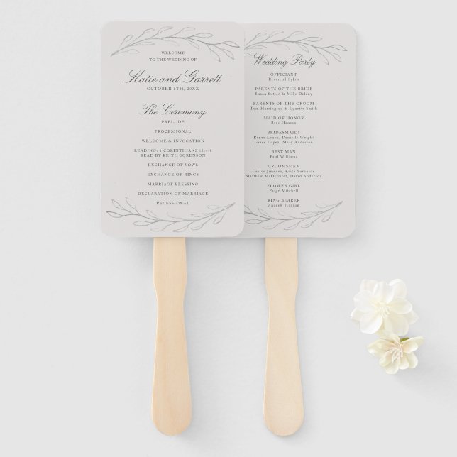 Elegant Gray Pencil Sketch Twigs Wedding Program Hand Fan (Front and Back)