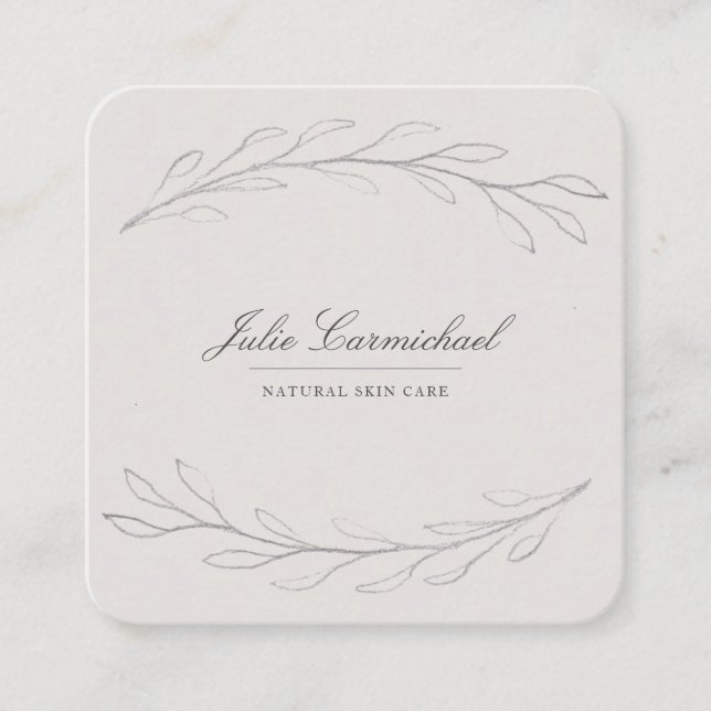 Elegant Gray Pencil Sketched Branches Square Business Card (Front)