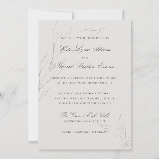Elegant Gray Pencil Sketched Leaves Wedding Invitation (Front)