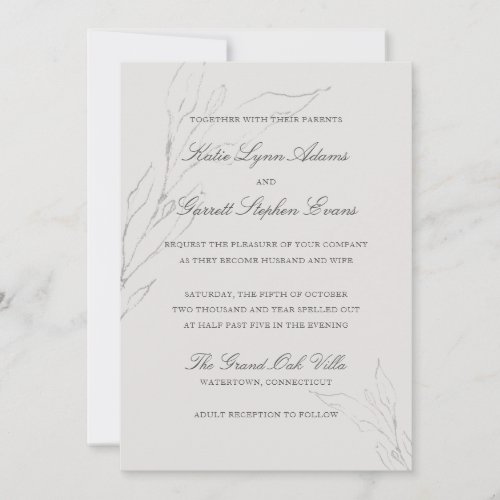 Elegant Gray Pencil Sketched Leaves Wedding Invitation