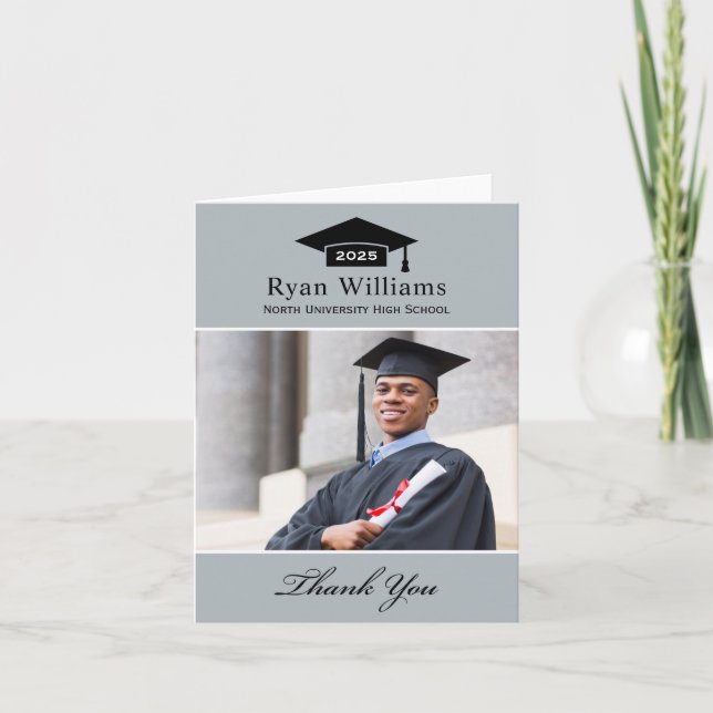 Elegant Gray Personalized Graduation Photo Thank You Card (Front)