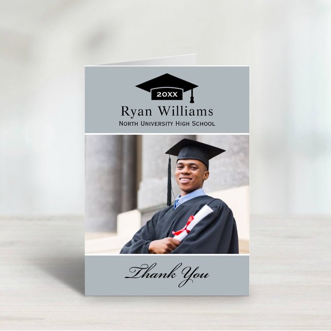 Elegant Gray Personalized Graduation Photo Thank You Card (Creator Uploaded)