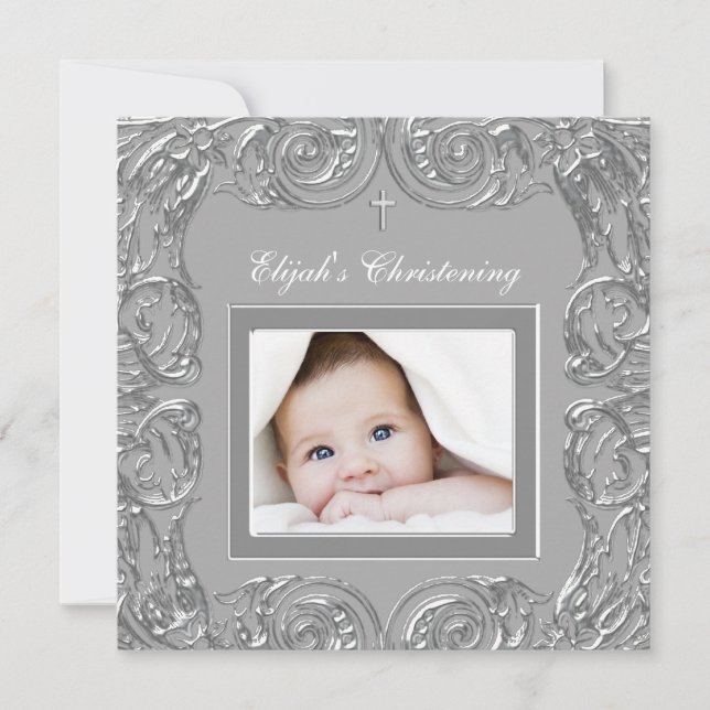 Elegant Gray Photo Christening Invitations (Front)