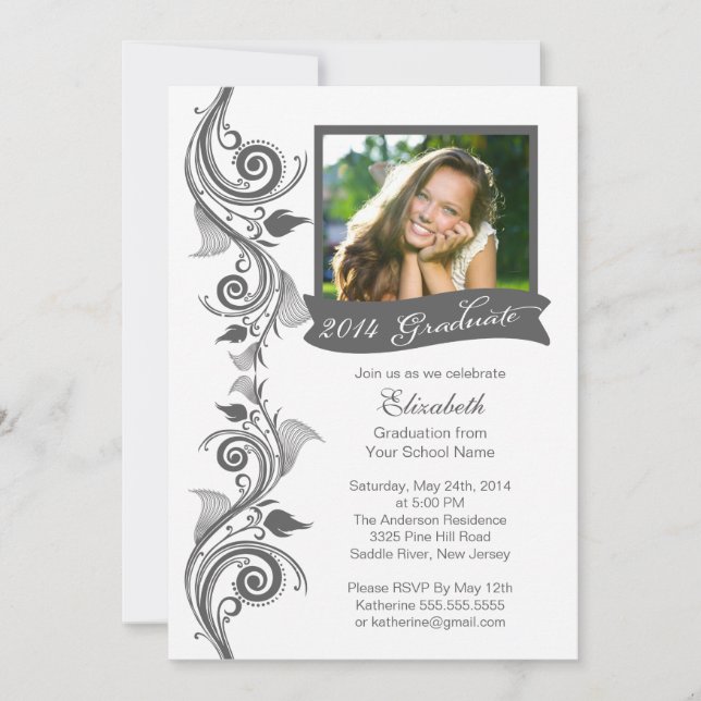 Elegant Gray Photo Graduation Party Invitation (Front)