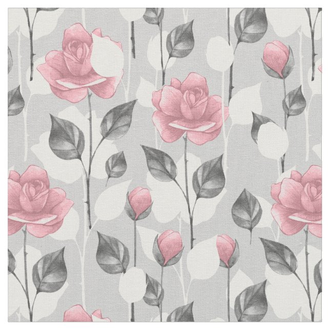 Elegant Gray & Pink Floral Craft Fabric (Close Up)