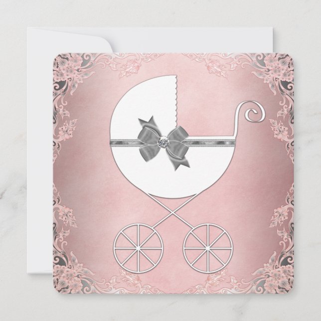 Elegant Gray Pink Lace Baby Girl Shower Invitation (Front)