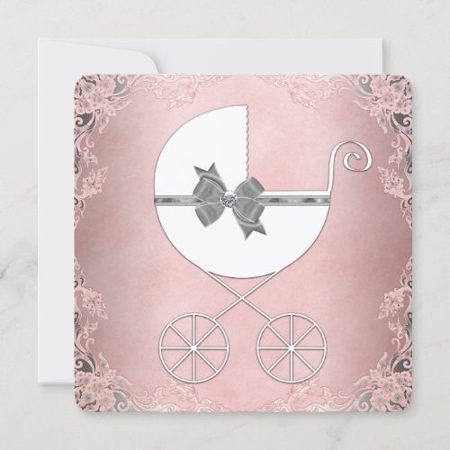 Elegant Gray Pink Black Lace Baby Girl Shower Invitations