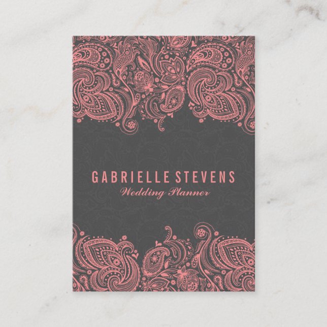 Elegant Gray & Pink Paisley Lace Wedding Planner Business Card (Front)