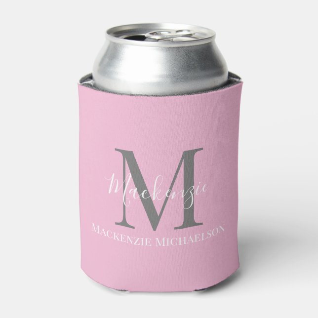 Elegant Gray Pink Personalized Monogram Name  Can Cooler (Can Front)