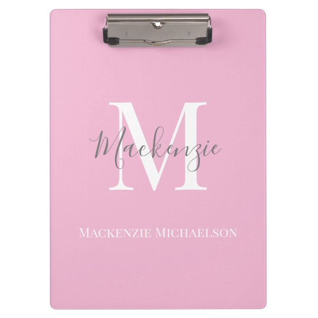 Elegant Gray Pink Personalized Monogram Name  Clipboard (Front)