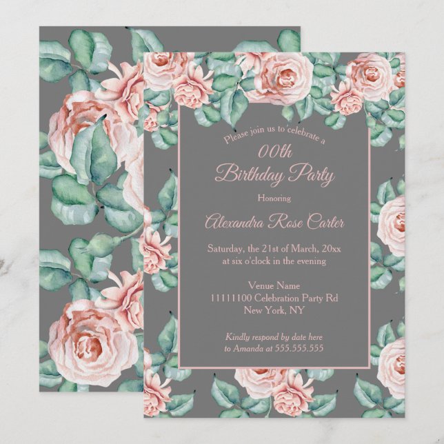 Elegant gray Pink rose floral Birthday Party Invitation (Front/Back)